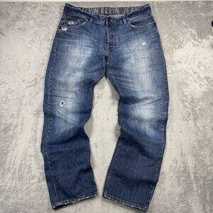 Calvin Klein Jeans Low Rise Slim Straight Distressed Mens Button Fly Denim Blue